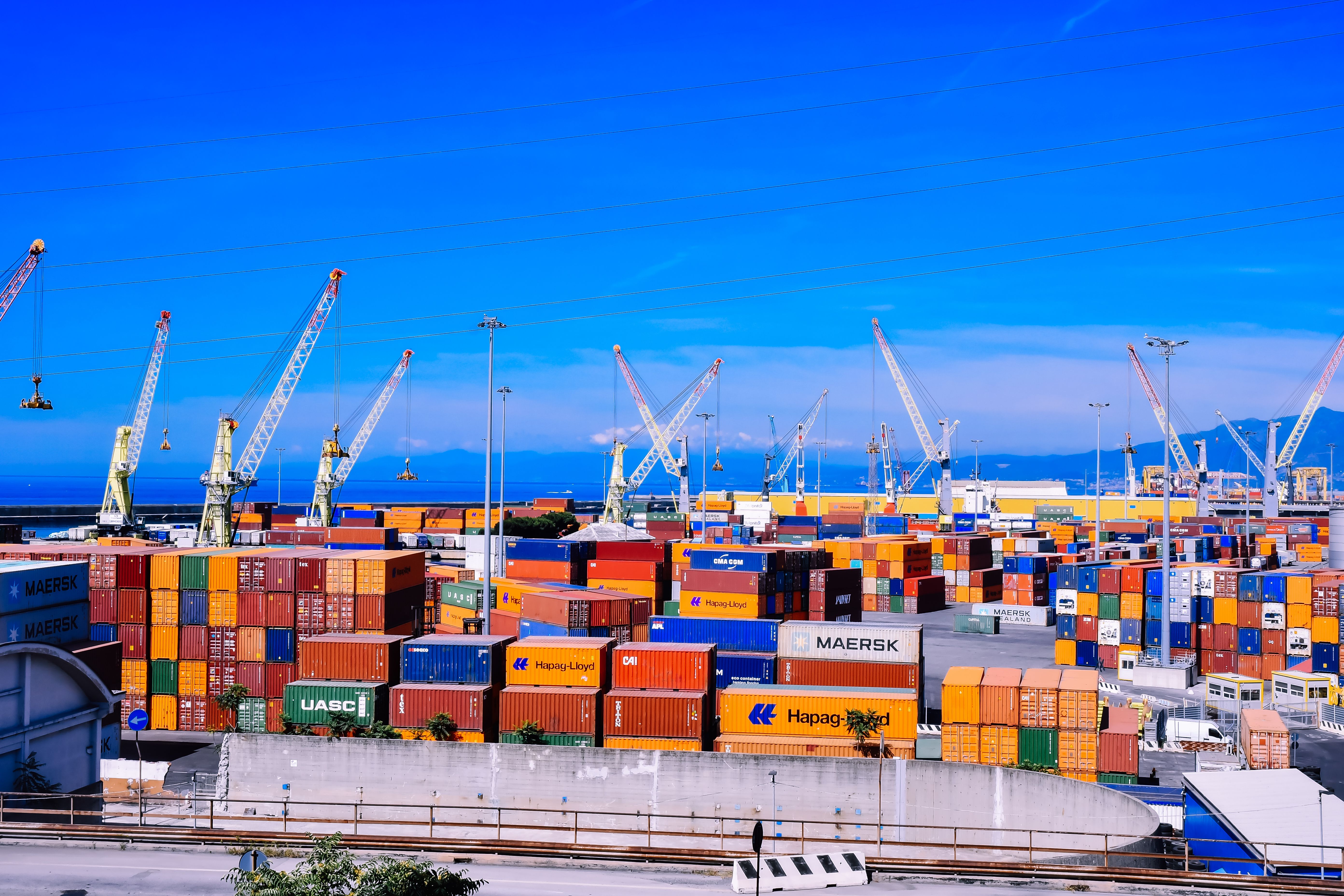 Container ship loaded with cargo containers at a sea port